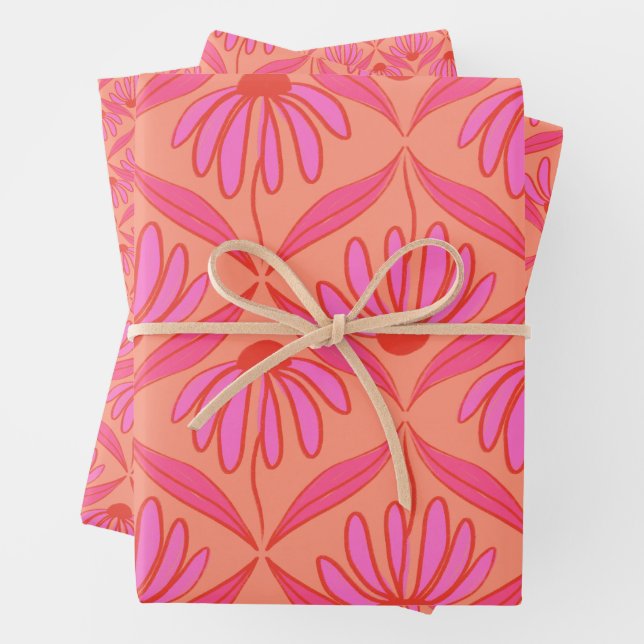 Daisy Damask Pattern - Pink and Orange Wrapping Paper Sheets (In situ)