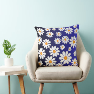 Daisy Delight - White Floral Pattern on Blue Throw Pillow