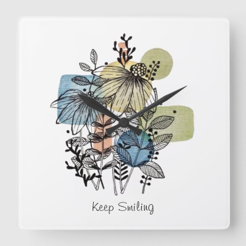 Daisy Doodle In Ink And Watercolor Square Wall Clock