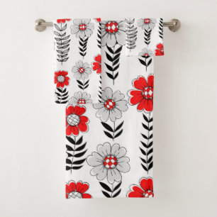 Daisy doodles  in red and black bath towel set