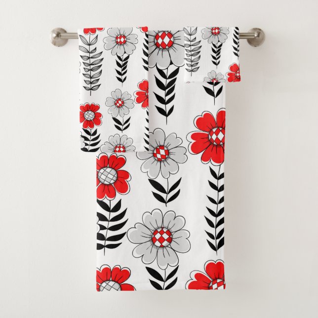 Daisy doodles  in red and black bath towel set (Insitu)