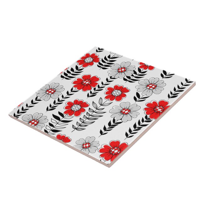 Daisy doodles  in red and black ceramic tile (Side)