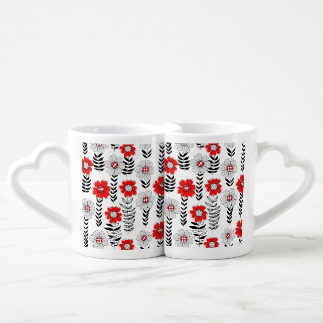 Daisy doodles  in red and black coffee mug set (Front Nesting)