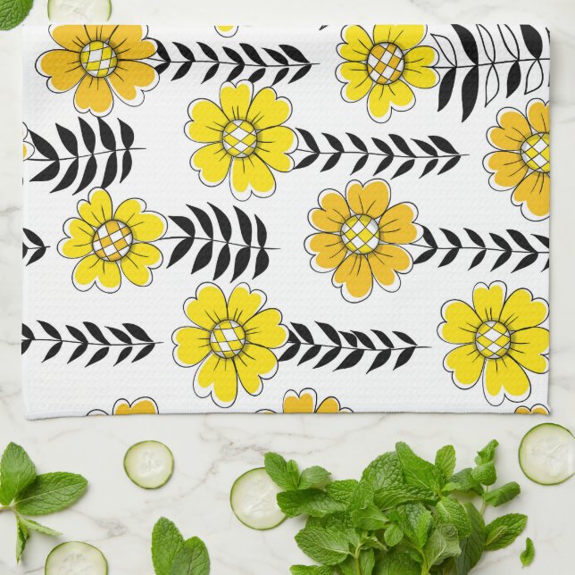 Daisy doodles  in yellow and black kitchen towel (Folded)