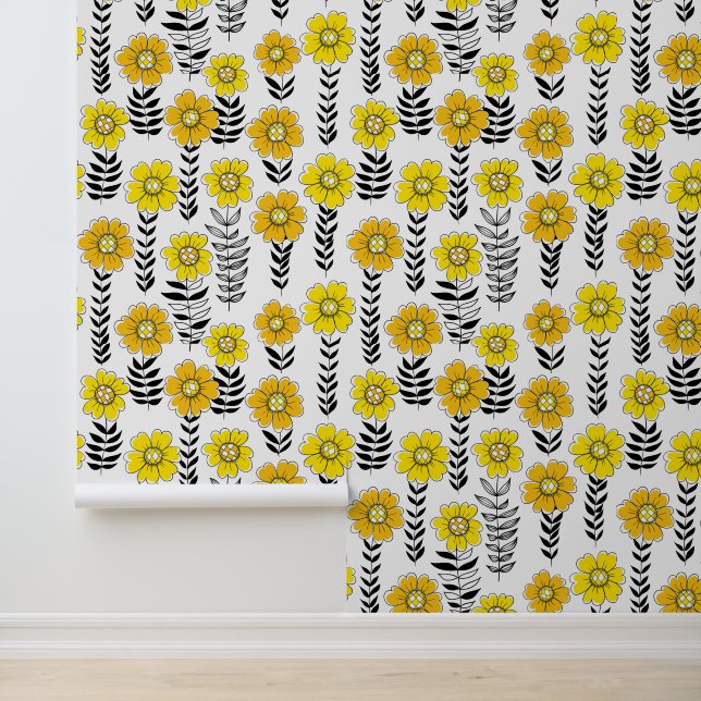 Daisy doodles  in yellow and black wallpaper  (Application)