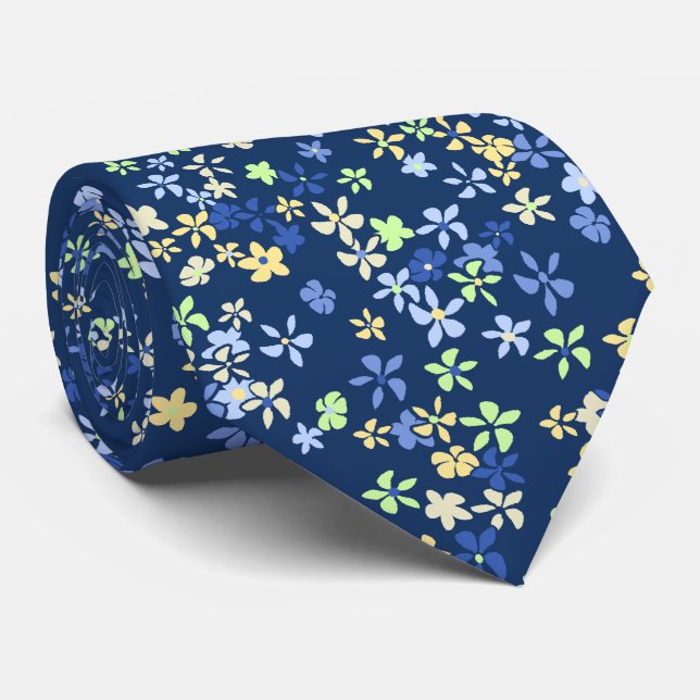 Daisy Dot Floral Navy Two-sided Printed Tie (Rolled)