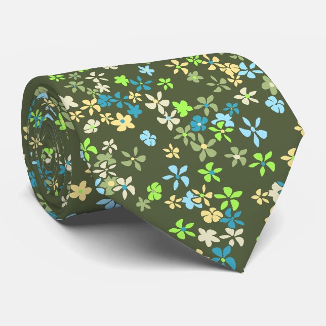 Daisy Dot Floral Olive Two-sided Printed Neck Tie (Rolled)