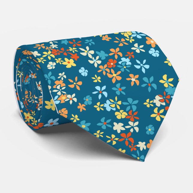 Daisy Dot Floral Teal Single-side Printed Tie (Rolled)