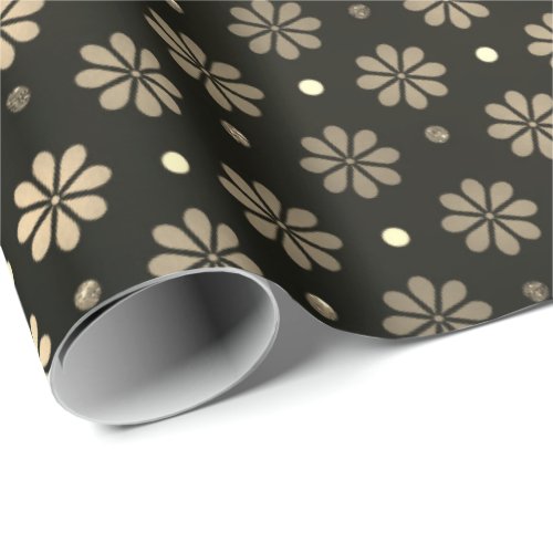 Daisy Dots Faux Sepia Gold  Floral Black Elegant Wrapping Paper