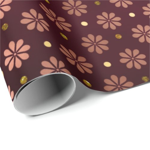 Daisy Dots Pink Rose Gold  Floral Burgundy Maroon Wrapping Paper