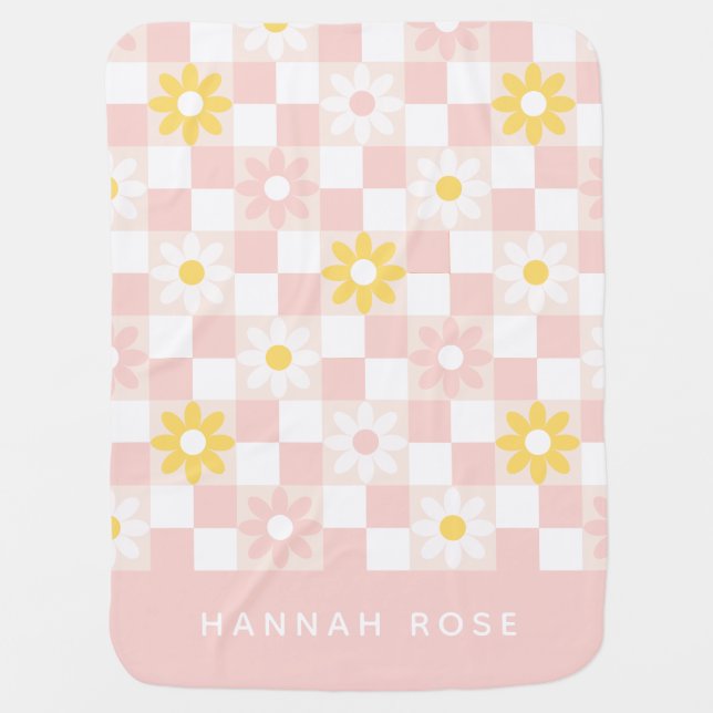 Daisy Dreams Pink Checkered Baby Blanket (Front)