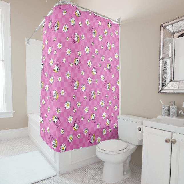 Daisy Duck Pink Checker Floral Pattern Shower Curtain (In Situ)
