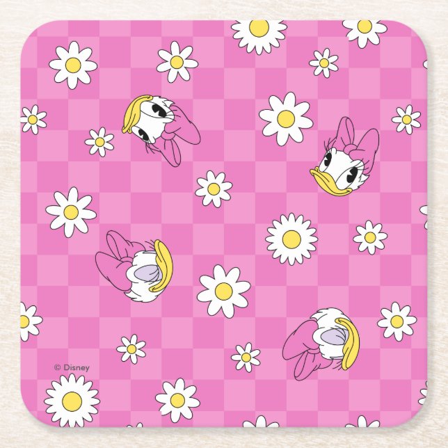 Daisy Duck Pink Checker Floral Pattern Square Paper Coaster (Front)