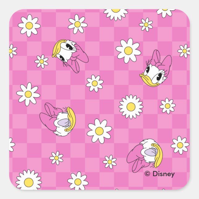 Daisy Duck Pink Checker Floral Pattern Square Sticker (Front)