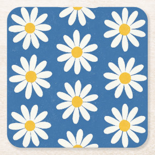 Daisy Field in Blue Square Paper Coaster
