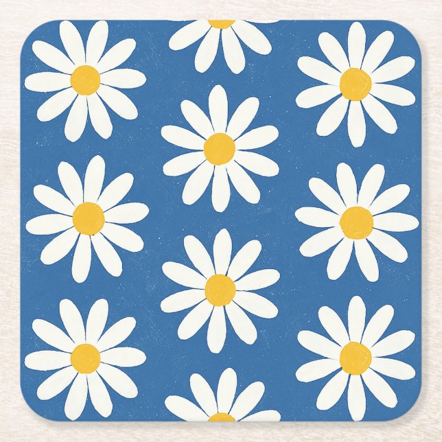 Daisy Field in Blue Square Paper Coaster (Front)