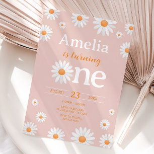 Daisy First Birthday Invitation, Boho Pink Floral Invitation