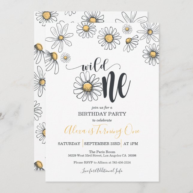 Daisy First Birthday Invitation - Wild One - WH (Front/Back)