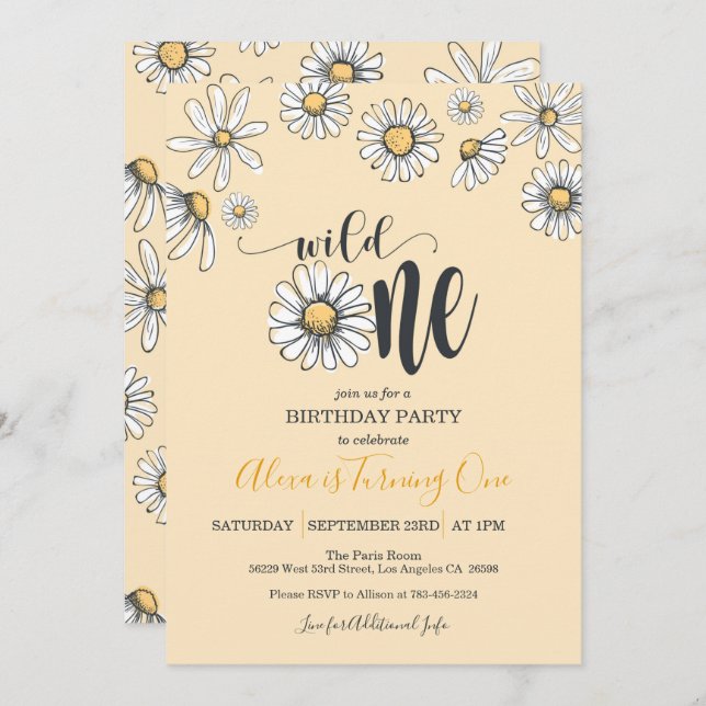 Daisy First Birthday Invitation - Wild One - Ylw (Front/Back)