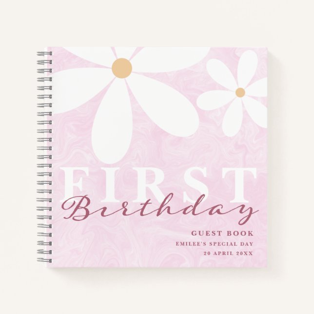 Daisy First Birthday Themed Party Guest Book Pink (Front)