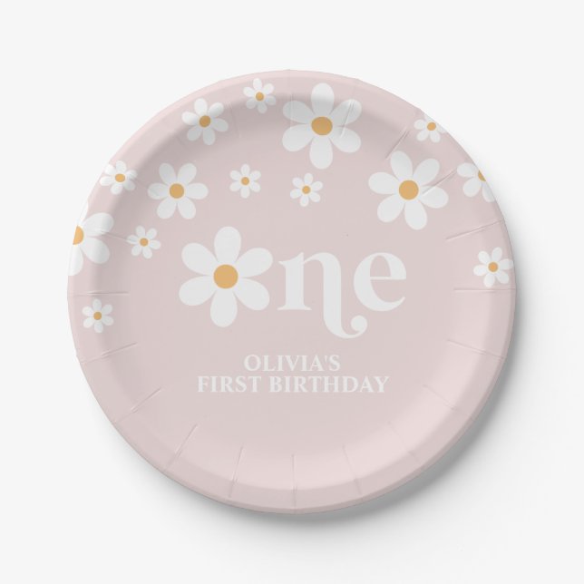 Daisy floral 1st birthday paper plates (Front)
