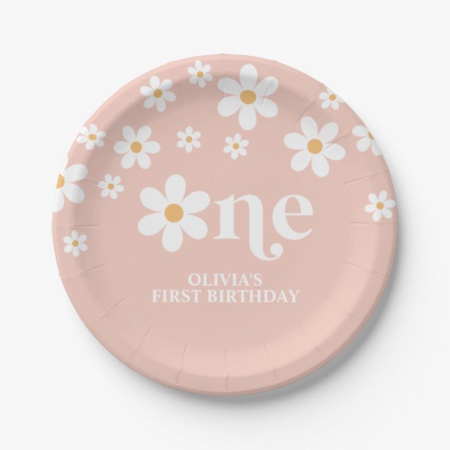 Daisy floral 1st birthday paper plates (Front)