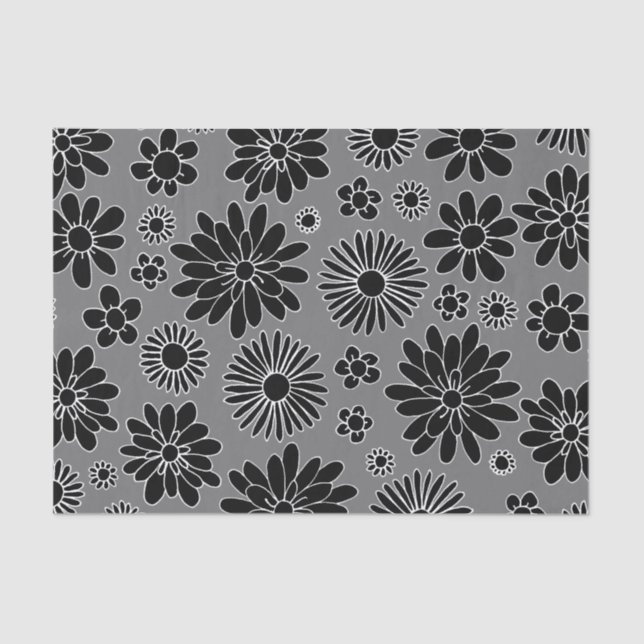 Daisy Floral Black and Gray Pattern Tissue Paper (Front)