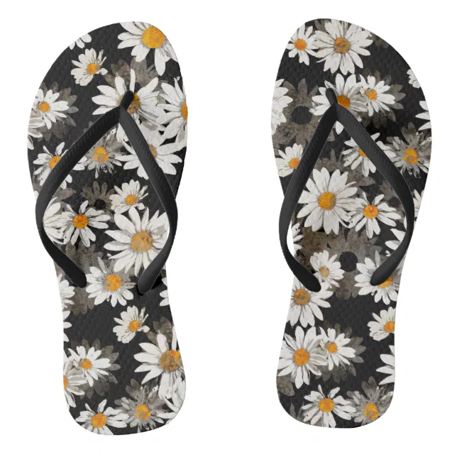 Daisy Floral Black and White Flip Flops Zazzle