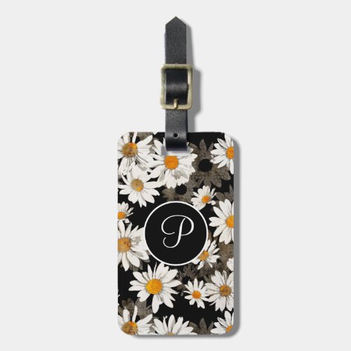 Daisy Floral Black and White Monogram Initial Luggage Tag