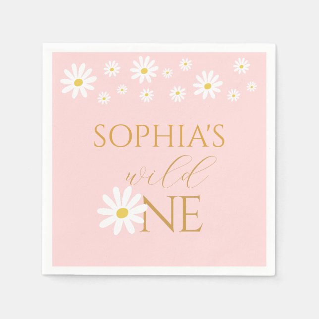 Daisy Floral Blush Wild One Girl 1st Birthday Napkins (Front)