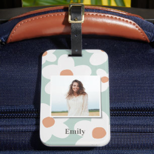 Daisy floral boho retro orange blue photo luggage tag