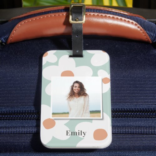 Daisy floral boho retro orange blue photo luggage tag