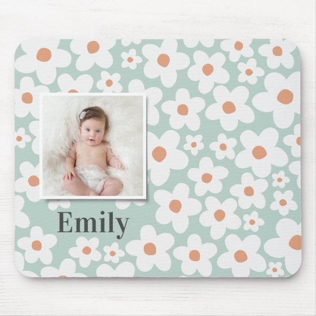 Daisy floral boho retro photo turquoise orange mouse pad (Front)