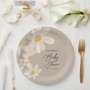 Daisy Floral Brown Baby Shower Paper Plates