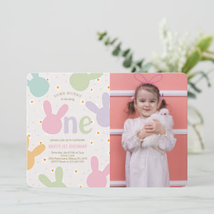 Daisy Floral Bunny 1st Birthday Photo Invitation