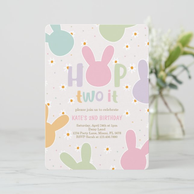 Daisy Floral Bunny 2nd Birthday Invitation (Standing Front)