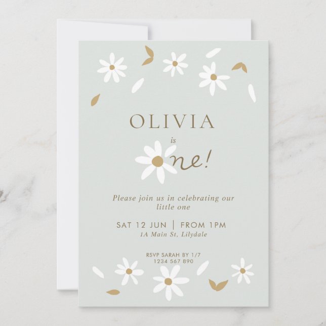Daisy Floral First Birthday Invitation - Sage (Front)
