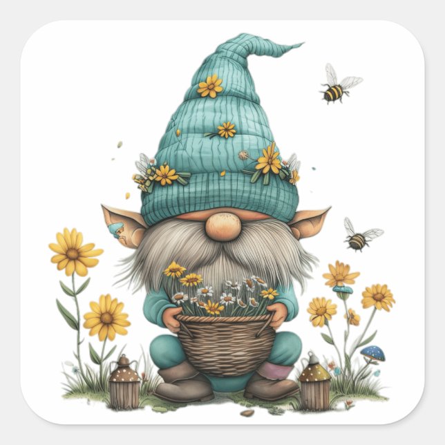 Daisy Floral Gnome Square Sticker (Front)