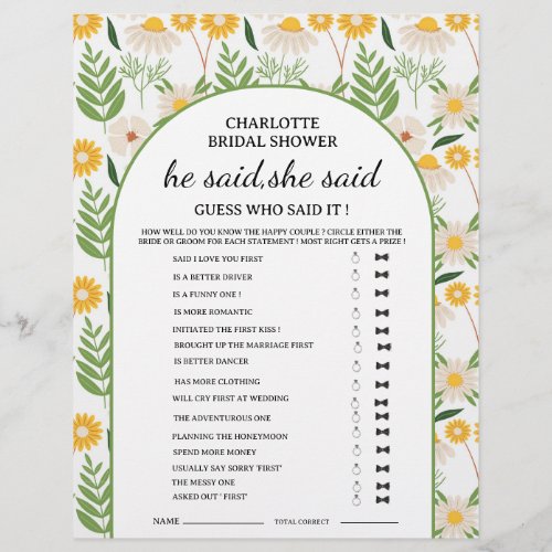 Daisy Floral He said She said Bridal Shower Game  Flyer