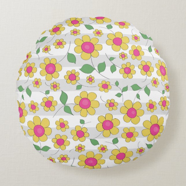 Daisy floral kids drawing happy spring  round pillow (Front)