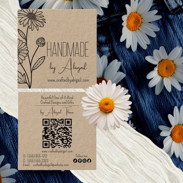 Daisy Floral Minimalist Handmade Handcrafted Square Business Card (Daisy Floral Minimalist Handmade Handcrafted Square Kraft Paper Business Card)