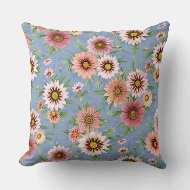 Daisy Floral on Blue Throw Pillow (Front)