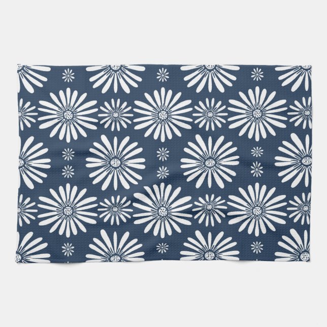 Daisy FLoral  Pattern Blue White Kitchen Towel (Horizontal)