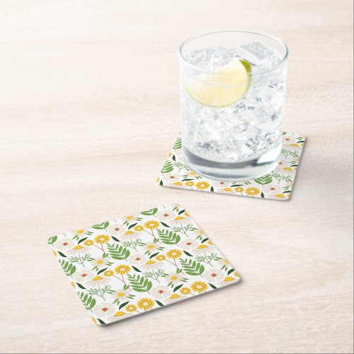 Daisy Floral Pattern Square Paper Coaster