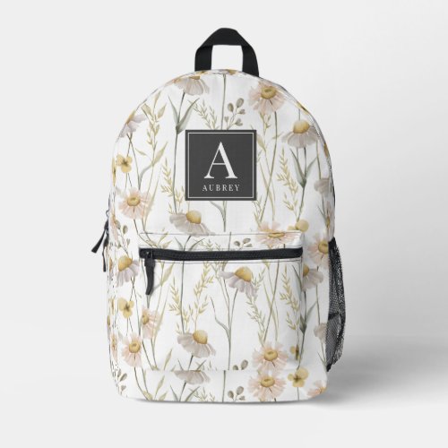 Daisy Floral Pattern Watercolor Monogram Printed Backpack