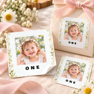 Daisy Floral Photo 1st Birthday Favor Stickers