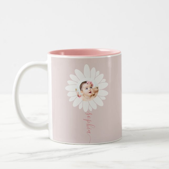 Daisy Floral Photo Pink Two-Tone Coffee Mug (Left)