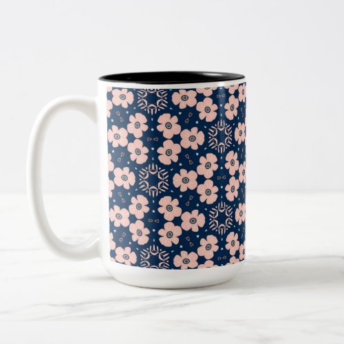 Daisy Floral Pink and Navy  Two_Tone Coffee Mug