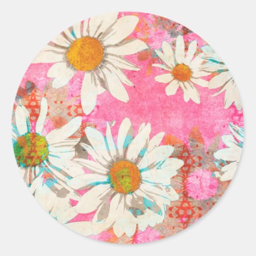 Daisy Floral Pink Classic Round Sticker