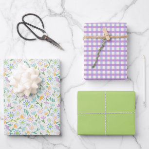 Daisy Floral & Purple Gingham Wrapping Paper Sheets